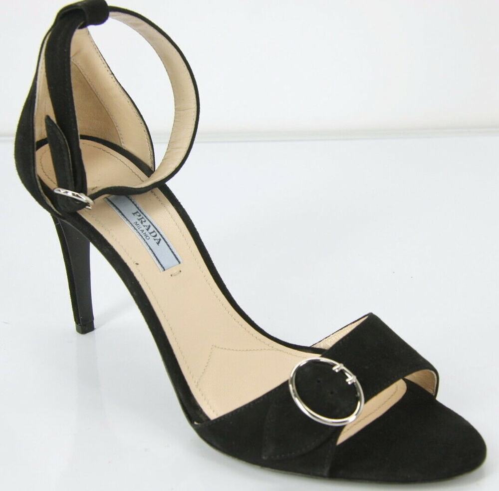 Prada Black Suede Ankle Strap Sandals Size 39.5 Heels New Buckle